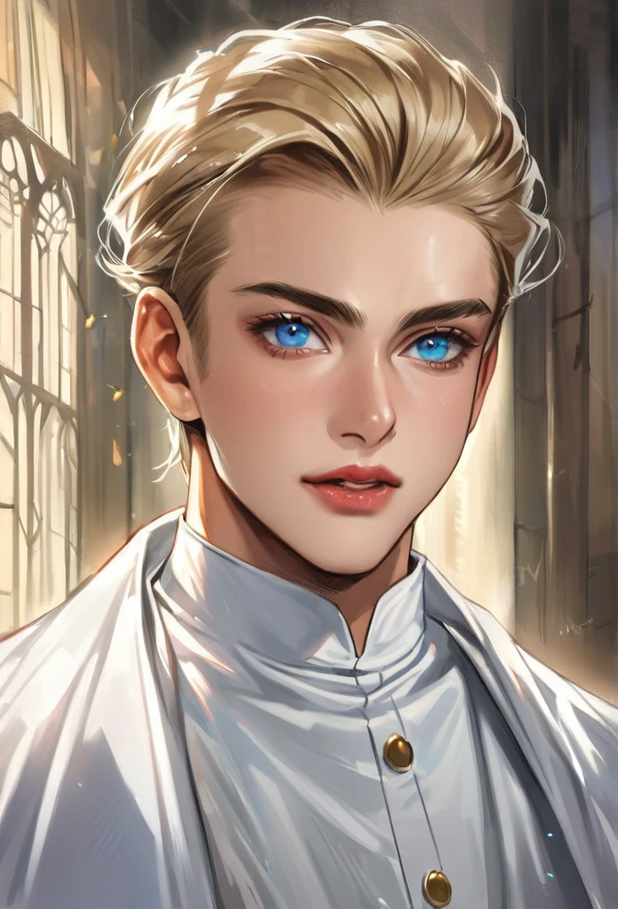 Blond boy with blue eyes,Priest robes,Realism, crazy,16 years ago