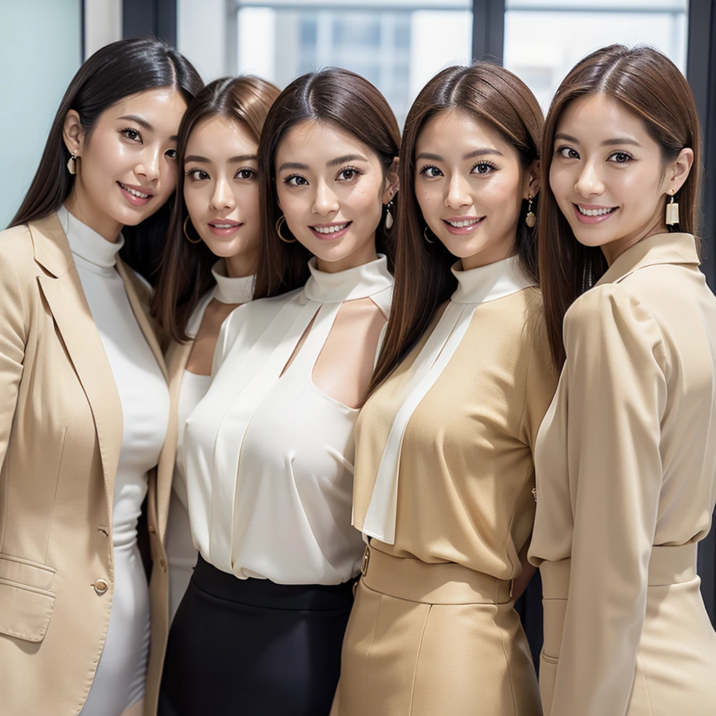 (A close-up photo of three beautiful Japanese office ladies), Everyone looking at the viewer, In a large office, (All smiling)、Highest Resolution, masterpiece, (All wearing elegant formal white high-neck blouse, beige office-suit and panties), All wearing earrings