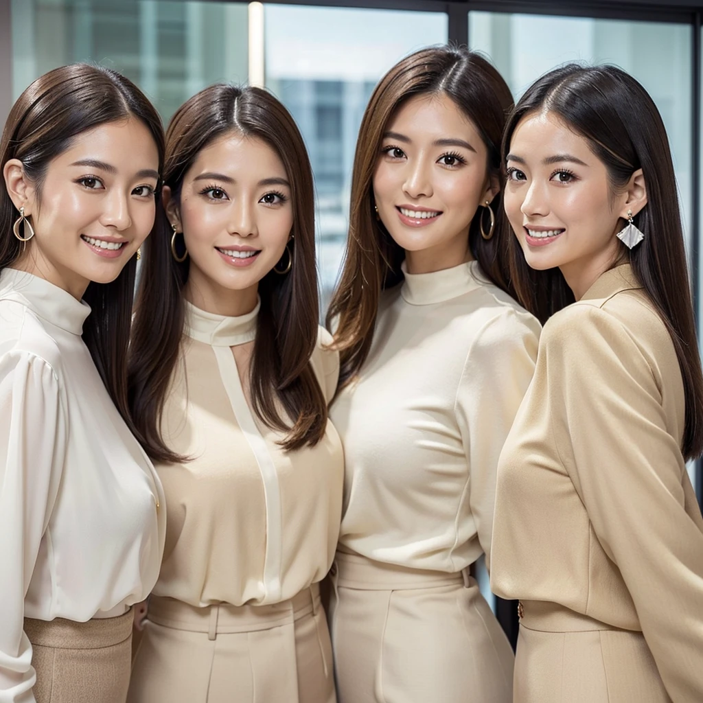 (A close-up photo of three beautiful Japanese office ladies), Everyone looking at the viewer, In a large office, (All smiling)、Highest Resolution, masterpiece, (All wearing elegant formal white high-neck blouse, beige office-suit and panties), All wearing earrings