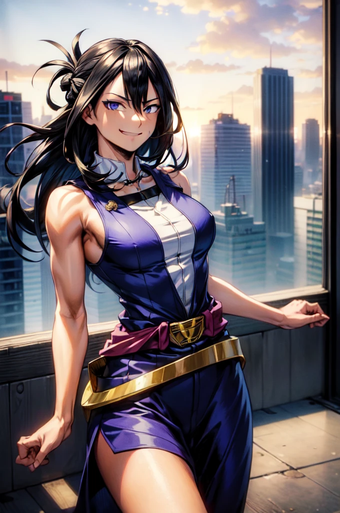 (masterpiece, best quality:1.4), cinematic light, colorful, high contrast, (1girl), NanaShimura, boku no hero academia, black hair, long hair, [folded ponytail:0.5], (large breasts), blue eyes, sleeveles, hair between eyes, belt, city, smirk, clothes off, naked