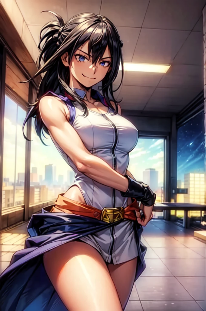 (masterpiece, best quality:1.4), cinematic light, colorful, high contrast, (1girl), NanaShimura, boku no hero academia, black hair, long hair, [folded ponytail:0.5], (large breasts), blue eyes, sleeveles, hair between eyes, belt, city, smirk, clothes off, naked