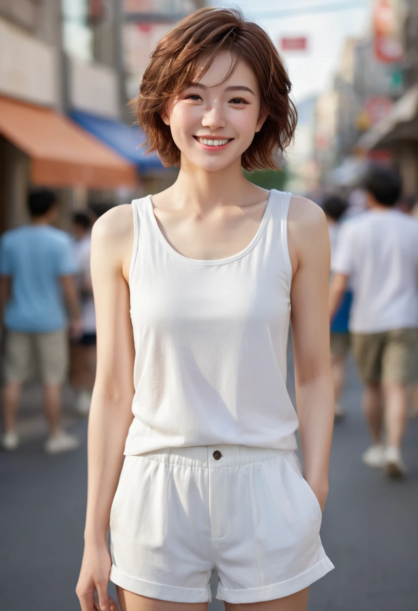 ((mid-chest, tomboy, small head)), daylight, sunlight, (well-defined abs: 1.1), (perfect body: 1.1), (short wavy hair: 1.2), russet hair, full-body photos, crowded streets, wearing white vests, ((shorts)), (extremely detailed CG 8k wallpaper), (extremely delicate and beautiful), (masterpiece), (best quality: 1.0), (ultra-high resolution: 1.0), beautiful lighting, perfect lightning, realistic shadows, [high resolution], Delicate skin, ultra-detailed, charming smile