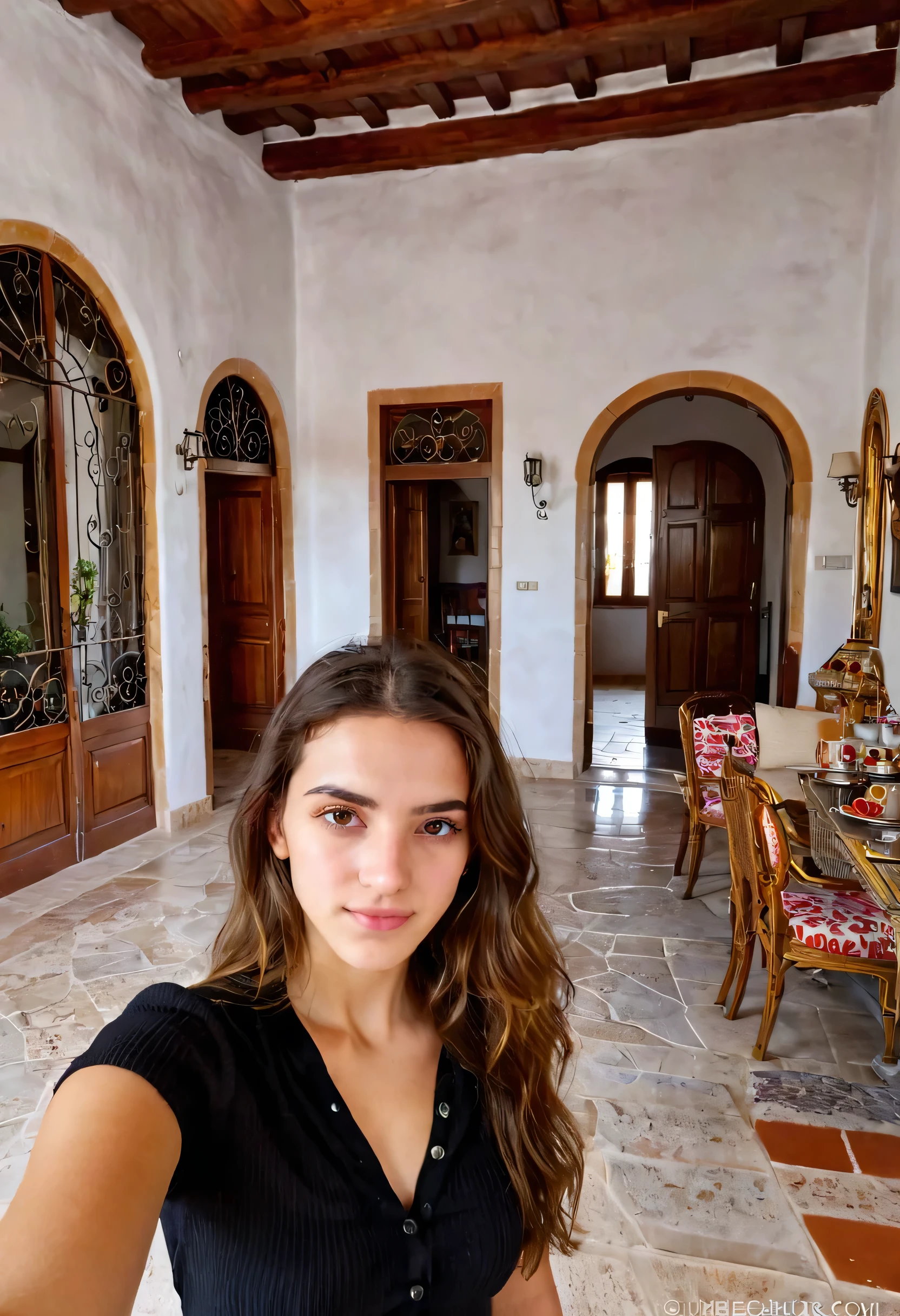 A realistic selfie of a 20 year old intimidating female Spanish inside a fancy Spanish house 