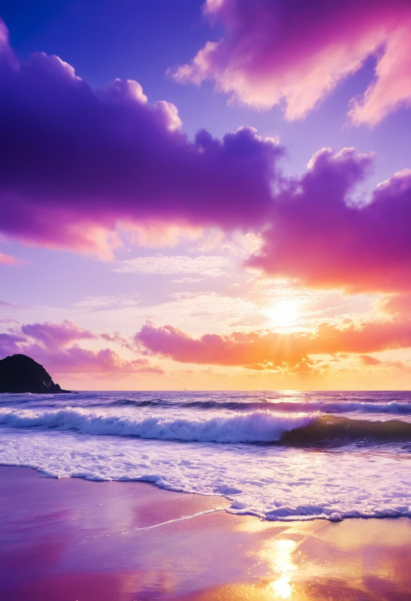 (masterpiece, best quality:1.4), cinematic light, colorful, high contrast, neon, sky, sunlight, space, beach, wave, no people, expansive landscape photography, (a view from below that shows the sky above and the sea below use a lot of purple and orange, details, warm colors and vibrant Japanese anime style