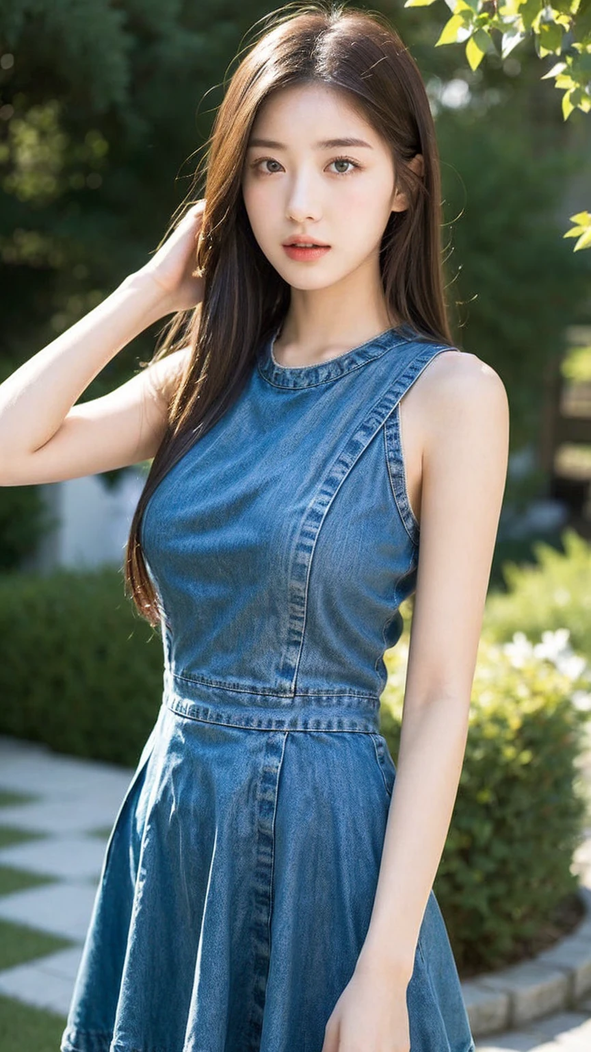 ((Best quality, 8K, masterpiece:1.3)),1girl,18 years old,Asian,Real texture:1.3,(Background blur:1.3),Dress Up,Tall and slender figure:1.2,(Hot summer weather),(garden:1.3),Highly detailed face and skin textures,Exquisite eyes,Long eyelashes,Double eyelids,Skin Whitening,happy,Big breasts