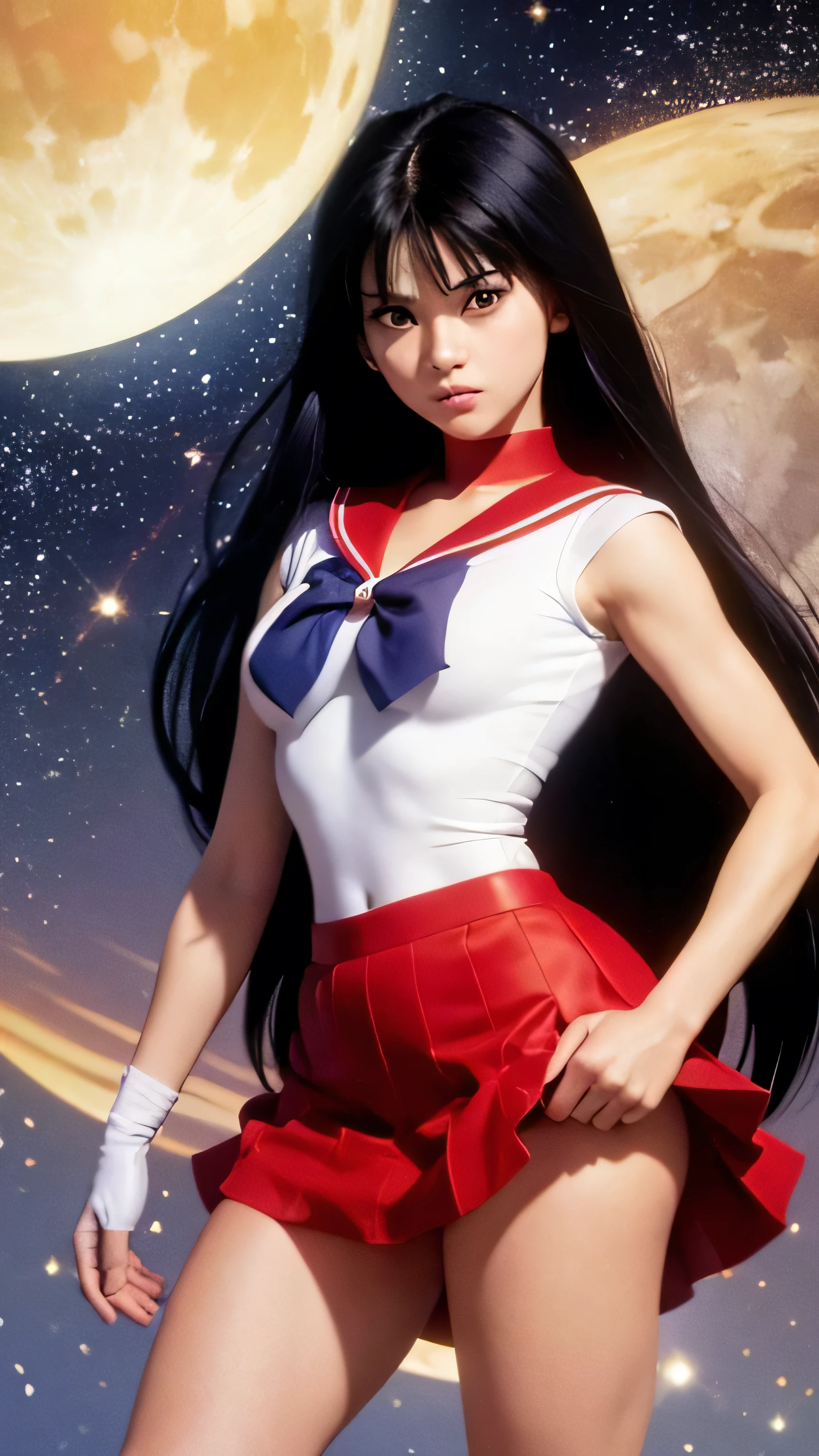 A detailed and vibrant image of a character similar to Rei Hino from Sailor Moon, standing in an iconic pose with a background of a starry night sky. She is wearing a classic sailor suit with a white skiny bodice, red skirt, black stockings, and red ribbon, white glove. With black long hair, and wearing golden tiara, and her eyes are large and expressive, showing intelligence and grace. The background includes the moon and stars to enhance the magical atmosphere