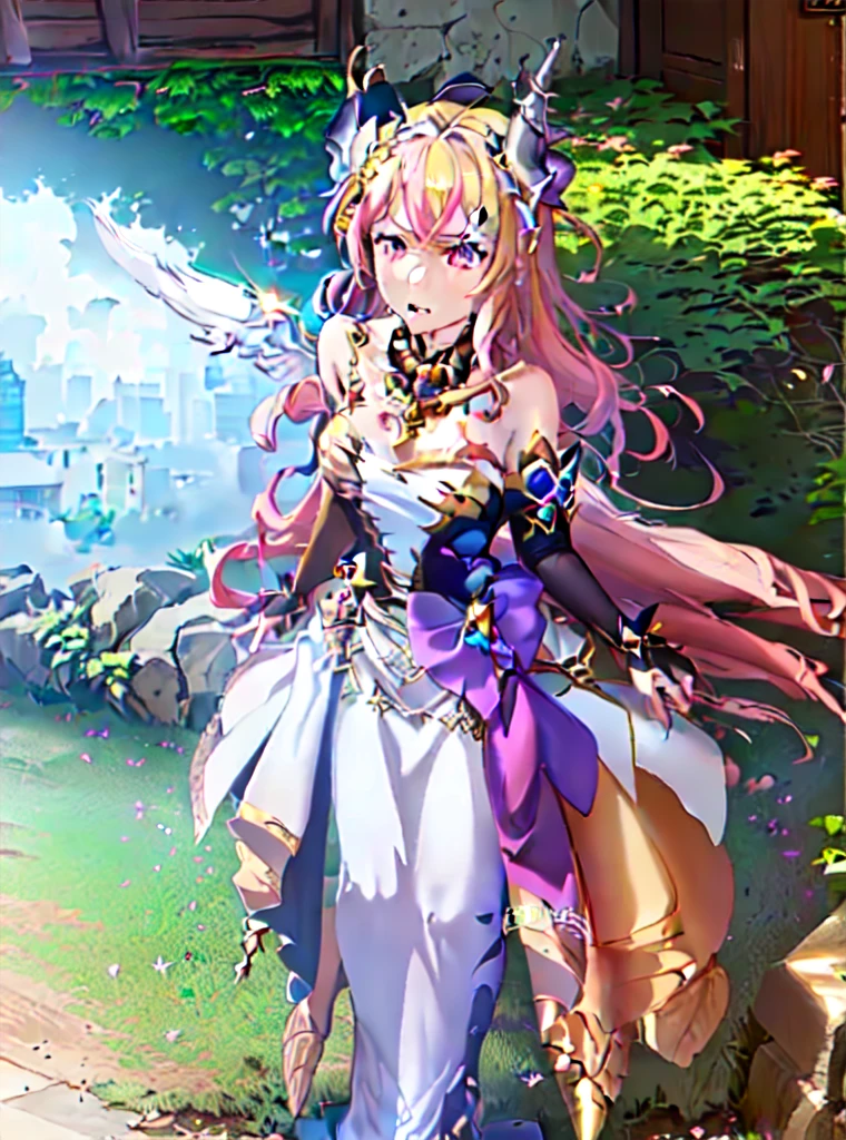 mature_female, Navia, Genshin Impact, jewelry, looking at the viewer, hollow, abyss, church, catholic, angel,fairy,universe, glitter, holo, mary, glint, gradient, overlay, shadow, grand, flowers, sparkle flowers, golden hair, (wings), full body, midriff, shirt, red eyes,  hips, navel, sidelocks, golden heels, fog, pink rose, red rose, rosemary, parrot, green wings, water, hair, horns, lips out, galaxy eyes, flowers, garden