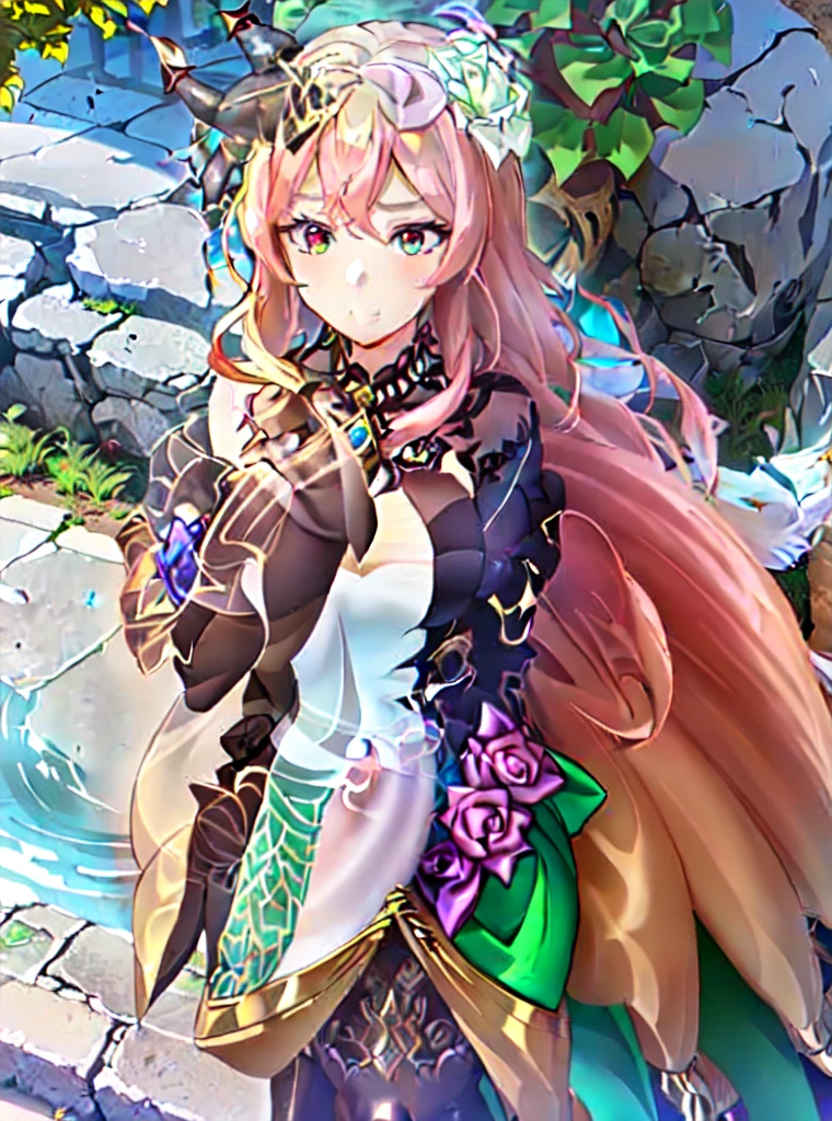 mature_female, Navia, Genshin Impact, jewelry, looking at the viewer, hollow, abyss, church, catholic, angel,fairy,universe, glitter, holo, mary, glint, gradient, overlay, shadow, grand, flowers, sparkle flowers, golden hair, (wings), full body, midriff, shirt, red eyes,  hips, navel, sidelocks, golden heels, fog, pink rose, red rose, rosemary, parrot, green wings, water, hair, horns, lips out, galaxy eyes, flowers, garden