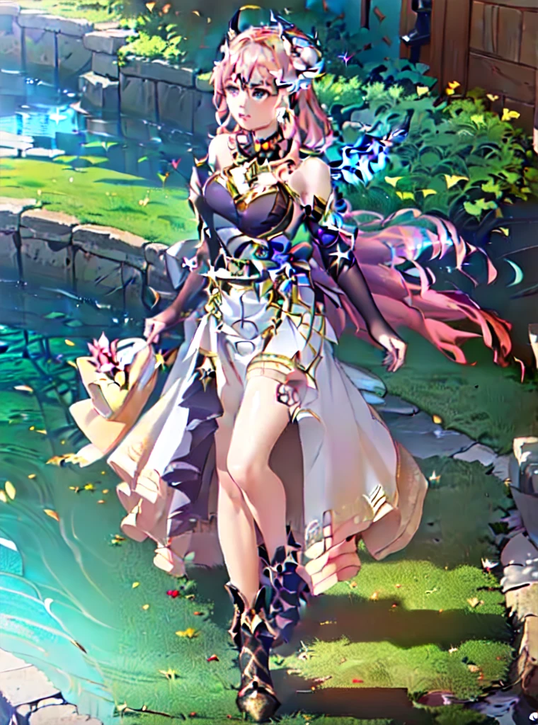 mature_female, Navia, Genshin Impact, jewelry, looking at the viewer, hollow, abyss, church, catholic, angel,fairy,universe, glitter, holo, mary, glint, gradient, overlay, shadow, grand, flowers, sparkle flowers, golden hair, (wings), full body, midriff, shirt, red eyes,  hips, navel, sidelocks, golden heels, fog, pink rose, red rose, rosemary, parrot, green wings, water, hair, horns, lips out, galaxy eyes, flowers, garden