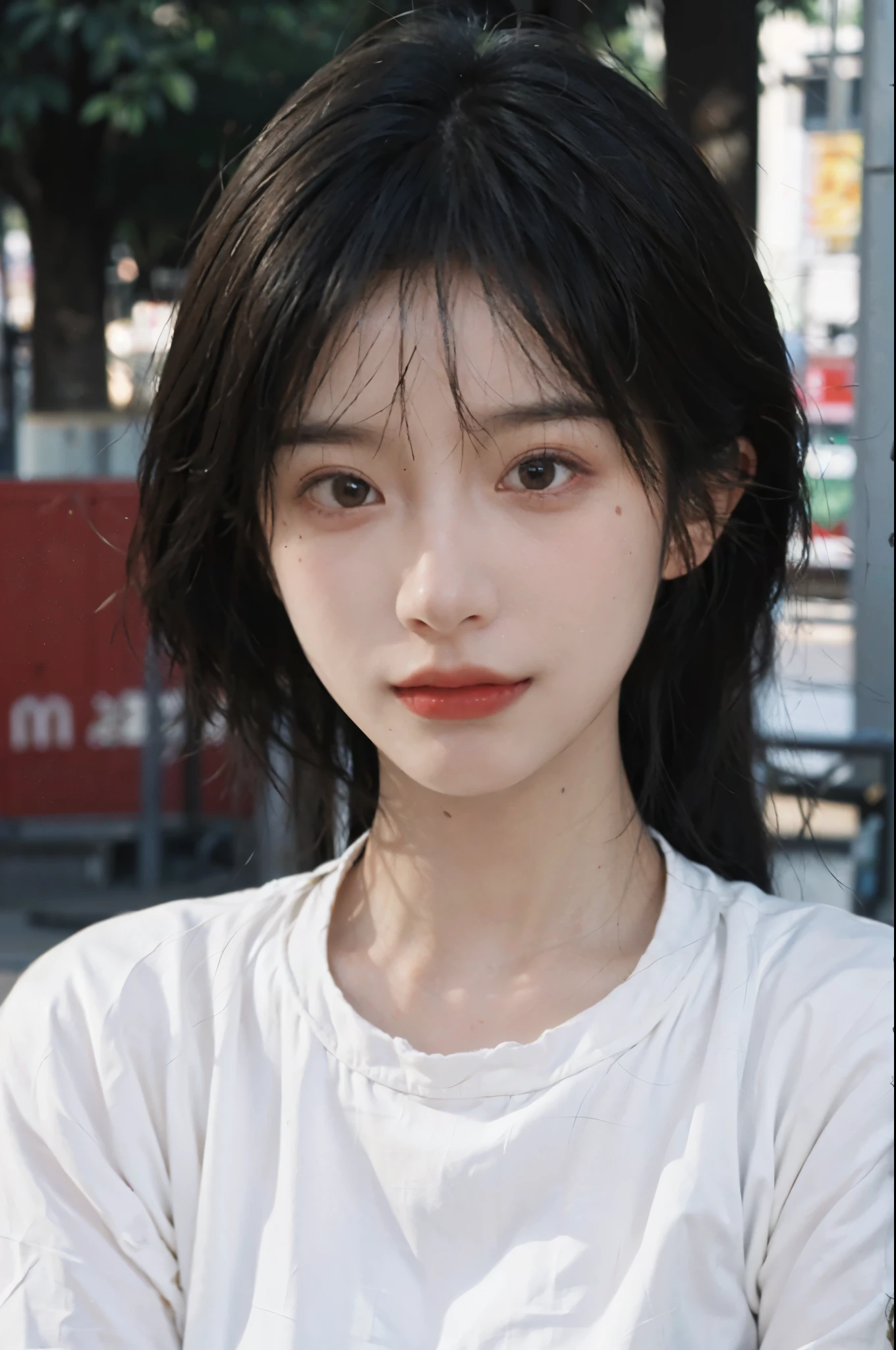(smooth skin textures:1.3), Lipstick, Upper body,Upper Body,background, earrings, serene, calm, (Dress conservatively:1.6),(Realistic and detailed eyes:1.2), Natural skin texture, Realistic facial details, Soft dramatic lighting, Vivid details, outdoor, (Photo Practical:1.4), (hyper Practical:1.4), (Practical:1.3), (Improve lighting quality:0.9), (Highest quality real skin textures:1.4), (Enhance the beauty of skin texture:1.1), Hair details, model, short hair, Moles under the eyes, Portrait Photography, Depth of Field, Bokeh, Surrealism, Ray Tracing, (Portrait Photography:1.1), Surrealism, High Detail, Chiaroscuro, Ray Tracing, reflected light, Ultra HD, Ultra HD, masterpiece, Textured Skin, Super Detail, High Detail, high quality, best quality
