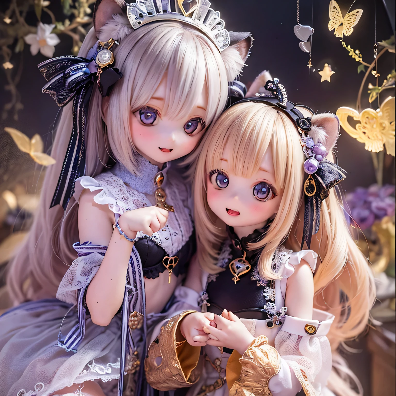 (Highest quality,4K,8K,High resolution,masterpiece:1.2),Very detailed,Realistic,White Tiger Girls Chibi,Beautiful details,Long eyelashes,Detailed lips,A girl in colorful and cute clothes,鮮やかな花を咲かせる背の高いwood々々Play in the Magic Garden,soft, wood々Warm sunshine々Plug in from between,Creates a magical and dreamy atmosphere,Sparkling fairy dust floating in the air,Bring a sense of glamour and wonder to your scenes,The skin has a delicate and intricate tiger pattern....,Glows softly, Mysterious Light,The innocent and happy expressions of the girls,
Emphasize a pure and playful personality,Small and adorable chibi characters,
Add cuteness, A harmonious blend of reality and fantasy,
Evokes childlike joy and imagination, vibrant and lively color palette,
Shades of pink, purple, Blue and,Painting-like texture, Add depth and richness to your artwork, Capture the magical essence of the scene.(((underwear)))
