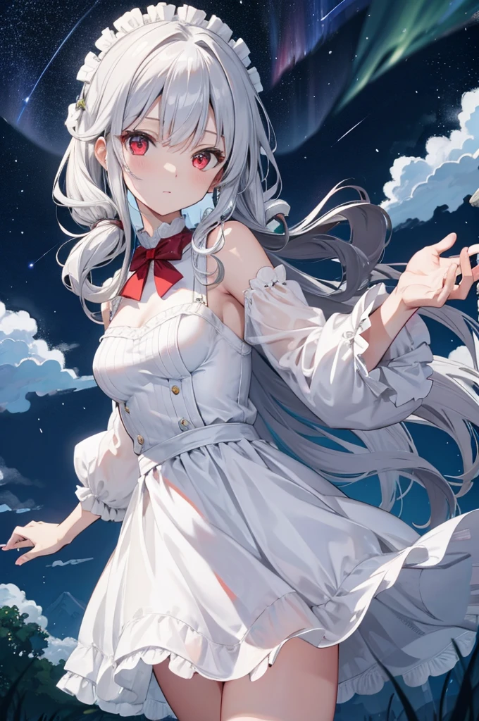 (masterpiece:1.3), (best quality:1.2), (8k, ultra detailed, ultra high res:1.3), anime style, perfect 5 fingers, perfect anatomy,
1girl, small breasts, long hair, wavy hair, white hair, BREAK red eyes, sundress, (white dress:1.1), looking at viewer, shoot from front,
BREAK cowboy shot, BREAK outdoor, aurora, at night, Starry Night Sky with Shooting Stars,