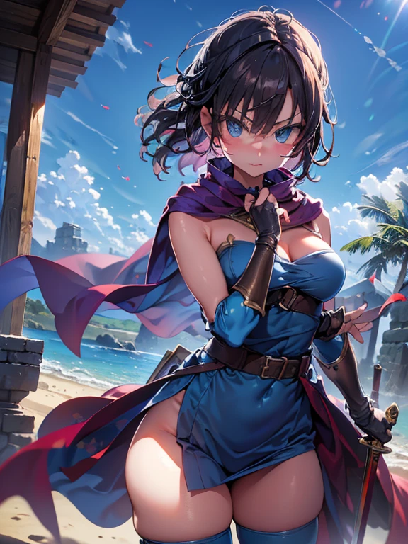 girl anime fantasy sword, (medieval landscape:1.2),(sand丘,sand:1.2),pyramid,Dust,the wind is strong,sandstone,(sand漠のオアシス:1.2), Ancient weathered stone pillars submerged in an oasis,((Vast blue sky)),
Towering palm trees,sand丘,Flickering mirage,
broken (dq3),Female Warrior,((Highest quality)), ((masterpiece)),(detailed),High resolution,Sharp focus,Perfect Face,{best illustration},(complete anatomy),
(非常にdetailed CG unity 8k wallpaper),(((Vibrant colors))),Official Art,dq3,One girl,short hair, 
shiny 肌,very shiny 肌,Shiny body,plastic glitter 肌,exaggerated shiny 肌,illuminated skin,
((detailedなボディ)),(detailedな顔)), cute,Bold,
Muscular,Perfect Fingers,Beautiful fine details,Symmetrical eyes,
Brown Hair,blue eyes,Gold circlet with blue jewel,Big Breasts,Cleavage,pubic hair,
holding sword,　Epic Battle Scene, Raise your sword,
Strapless,Blue clothes,Purple Cape,Knee socks,gloves,boots,belt,sheath,肘用gloves, 革のboots, 革のbelt, Angry, shout,