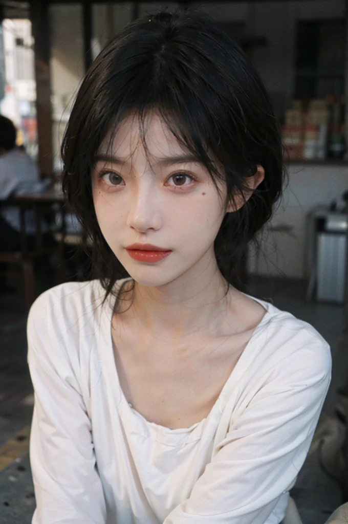 (smooth skin textures:1.3), Lipstick, Upper body,Upper Body,background, earrings, serene, calm, (Dress conservatively:1.6),(Realistic and detailed eyes:1.2), Natural skin texture, Realistic facial details, Soft dramatic lighting, Vivid details, outdoor, (Photo Practical:1.4), (hyper Practical:1.4), (Practical:1.3), (Improve lighting quality:0.9), (Highest quality real skin textures:1.4), (Enhance the beauty of skin texture:1.1), Hair details, model, short hair, Moles under the eyes, Portrait Photography, Depth of Field, Bokeh, Surrealism, Ray Tracing, (Portrait Photography:1.1), Surrealism, High Detail, Chiaroscuro, Ray Tracing, reflected light, Ultra HD, Ultra HD, masterpiece, Textured Skin, Super Detail, High Detail, high quality, best quality