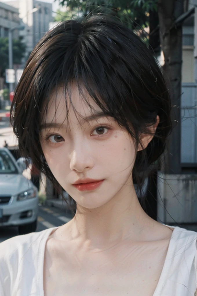 (smooth skin textures:1.3), Lipstick, Upper body,Upper Body,background, earrings, serene, calm, (Dress conservatively:1.6),(Realistic and detailed eyes:1.2), Natural skin texture, Realistic facial details, Soft dramatic lighting, Vivid details, outdoor, (Photo Practical:1.4), (hyper Practical:1.4), (Practical:1.3), (Improve lighting quality:0.9), (Highest quality real skin textures:1.4), (Enhance the beauty of skin texture:1.1), Hair details, model, short hair, Moles under the eyes, Portrait Photography, Depth of Field, Bokeh, Surrealism, Ray Tracing, (Portrait Photography:1.1), Surrealism, High Detail, Chiaroscuro, Ray Tracing, reflected light, Ultra HD, Ultra HD, masterpiece, Textured Skin, Super Detail, High Detail, high quality, best quality