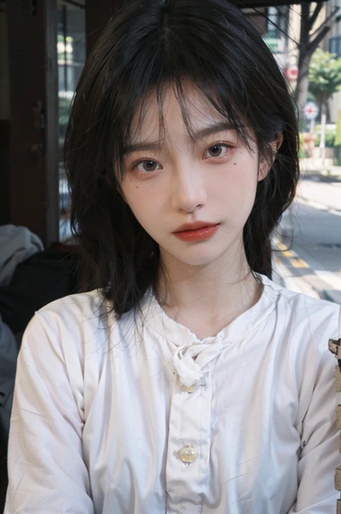 (smooth skin textures:1.3), Lipstick, Upper body,Upper Body,background, earrings, serene, calm, (Dress conservatively:1.6),(Realistic and detailed eyes:1.2), Natural skin texture, Realistic facial details, Soft dramatic lighting, Vivid details, outdoor, (Photo Practical:1.4), (hyper Practical:1.4), (Practical:1.3), (Improve lighting quality:0.9), (Highest quality real skin textures:1.4), (Enhance the beauty of skin texture:1.1), Hair details, model, short hair, Moles under the eyes, Portrait Photography, Depth of Field, Bokeh, Surrealism, Ray Tracing, (Portrait Photography:1.1), Surrealism, High Detail, Chiaroscuro, Ray Tracing, reflected light, Ultra HD, Ultra HD, masterpiece, Textured Skin, Super Detail, High Detail, high quality, best quality