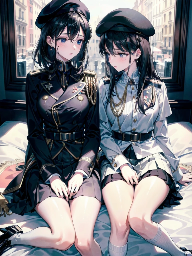 absurdres, RAW photo, extremely delicate and beautiful, masterpiece, Best Quality, ultra high resolution, 32k, hyperrealistic, ultra-detailed, delicate facial features, beautiful detailed woman, tearful mole, earring, medium breasts, full body shot, medium hair, black hair, 2 girls, yuri, beret, skirt, military uniform,