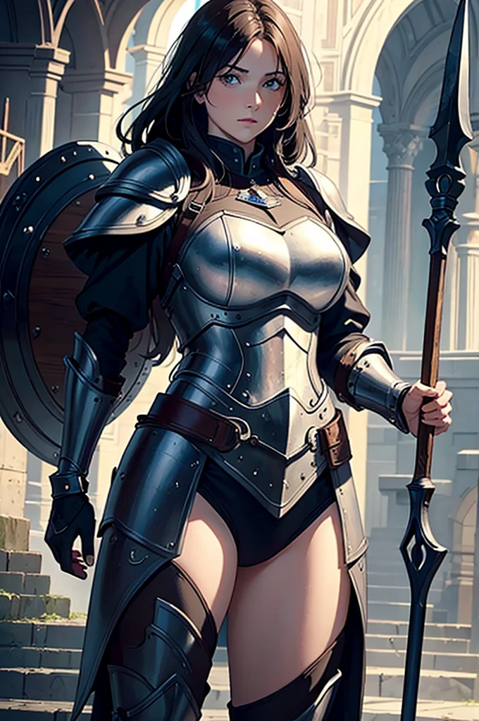 masterpiece, Best quality, {Best quality}, {{masterpiece}}, {A high resolution}, {{{field field}}, large woman in medieval heavy armor, large iron shield in left hand, A spear in his right hand