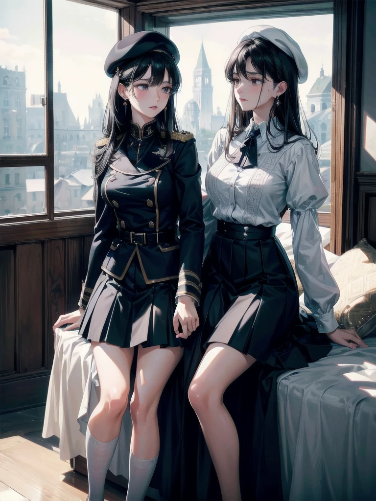 absurdres, RAW photo, extremely delicate and beautiful, masterpiece, Best Quality, ultra high resolution, 32k, hyperrealistic, ultra-detailed, delicate facial features, beautiful detailed woman, tearful mole, earring, medium breasts, full body shot, medium hair, black hair, 2 girls, yuri, beret, skirt, military uniform,