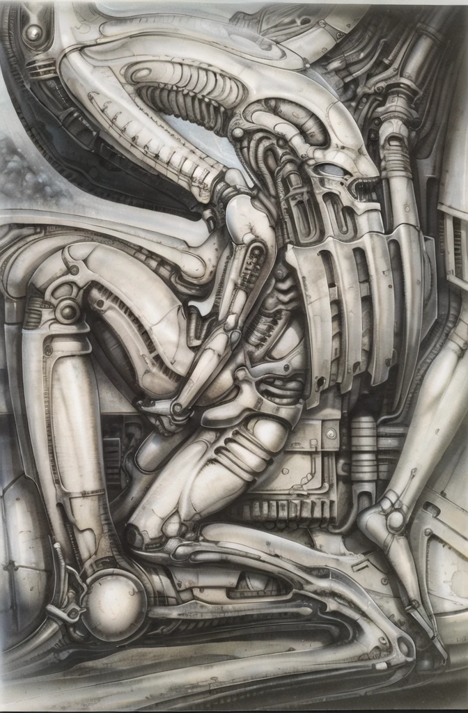 g1g3r, The image is a detailed view of H.R. Giger's \" Biomechanical Landscape No II \" plate, featuring a complex network of bones and organs in a purple-brown hue ,swirling gray and brown colors. The artwork is silver and purplish brown, with an ivory bones prominently displayed. The image is highly detailed and intricate, almost like a 3d version of a medical diagram (detailed view of an anatomy model, possibly of a human body, with transparent organs and bones exposed). The piece has a thick mechano-organic texture and is covered in fine details. The image has a swirling, organic quality to it. The artistic manner would be unmistakably Gigeresque. A dark and unsettling beauty would permeate the piece, blurring the lines between fascination and repulsion , forever haunted by the grotesque allure. Giger's signature artistic manner would be evident in every stroke. The airbrush would be wielded with masterful precision to create a hyperrealistic yet nightmarish aesthetic.
 The texture of ivory with signs of burning and fossilization can be seen in the mix of smooth and rough brushstrokes. By Peter mohrbacher, ooze soaked pajama top
