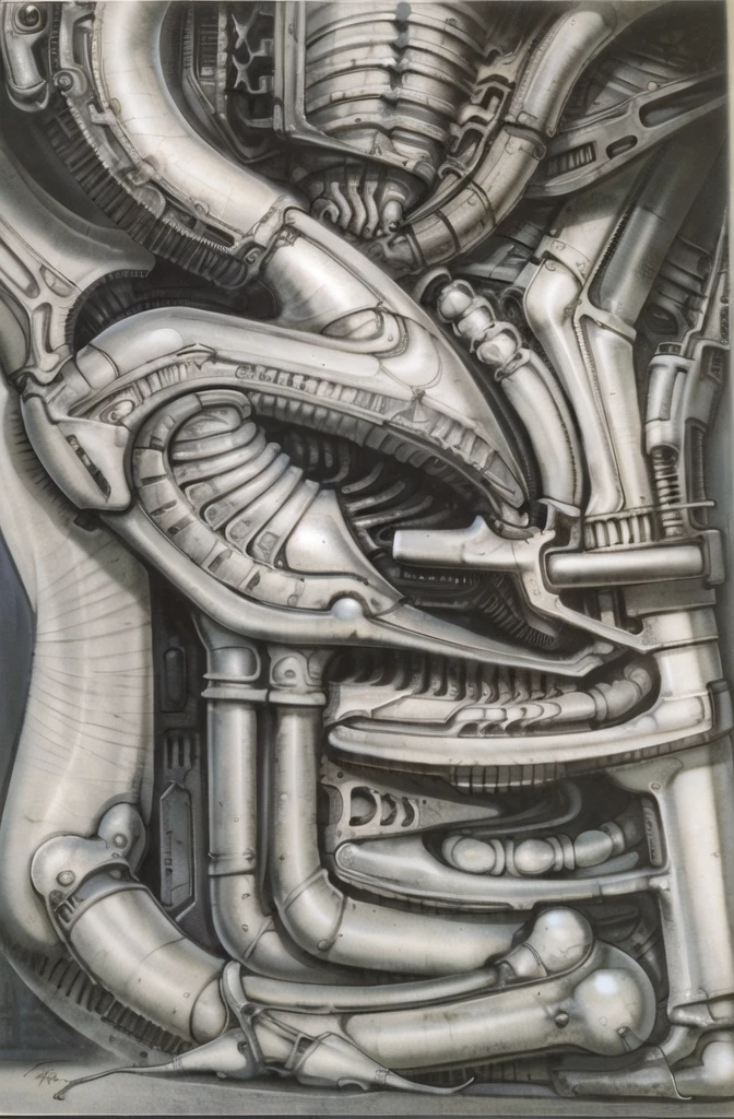 g1g3r, The image is a detailed view of H.R. Giger's \" Biomechanical Landscape No II \" plate, featuring a complex network of bones and organs in a purple-brown hue ,swirling gray and brown colors. The artwork is silver and purplish brown, with an ivory bones prominently displayed. The image is highly detailed and intricate, almost like a 3d version of a medical diagram (detailed view of an anatomy model, possibly of a human body, with transparent organs and bones exposed). The piece has a thick mechano-organic texture and is covered in fine details. The image has a swirling, organic quality to it. The artistic manner would be unmistakably Gigeresque. A dark and unsettling beauty would permeate the piece, blurring the lines between fascination and repulsion , forever haunted by the grotesque allure. Giger's signature artistic manner would be evident in every stroke. The airbrush would be wielded with masterful precision to create a hyperrealistic yet nightmarish aesthetic.
The texture of ivory with signs of burning and fossilization can be seen in the mix of smooth and rough brushstrokes. By Peter mohrbacher, ooze soaked pajama top
