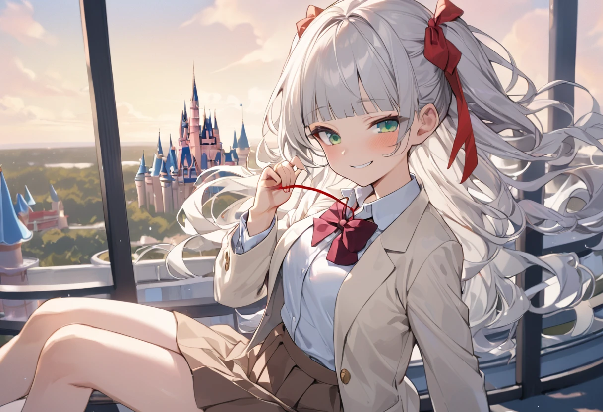 ((Masterpiece)), ((best quality)), (ultra-detailed), ((kawaii)), ((extremely detailed)), 4K, (8K), (super detail:1.2),(High Definition:1.3), (Professional Photography:1.2), (very aesthetic:1.2), (absurdres:1.2), (wide shot), cinematic lighting, (sharp focus), (perfect light), ((1girl)), ((12 years old)), (medium breast), (Healthy slim body), 8K, Textured skin, cinematic lighting, (1girl), short stature, ((cute teenage young girl)), (loose blunt bangs), slightly loose curls hair, (breasts length hair), pale silver hair, ((naughty smile)), (cute green eyes), drooping eyes, slender waist, ((pale Ivory blazer of school uniform)), BREAK, ((best quality)), (very aesthetic:1.2), (absurdres:1.2), (super detail:1.2), (white blouse), put on red string ribbon, (brown skirt),arm up, ((perfect hand)), (Relaxed sitting on the rooftop), (the Disney Resort), Cinderella Castle spreading out below, Beautiful Horizon Background,
