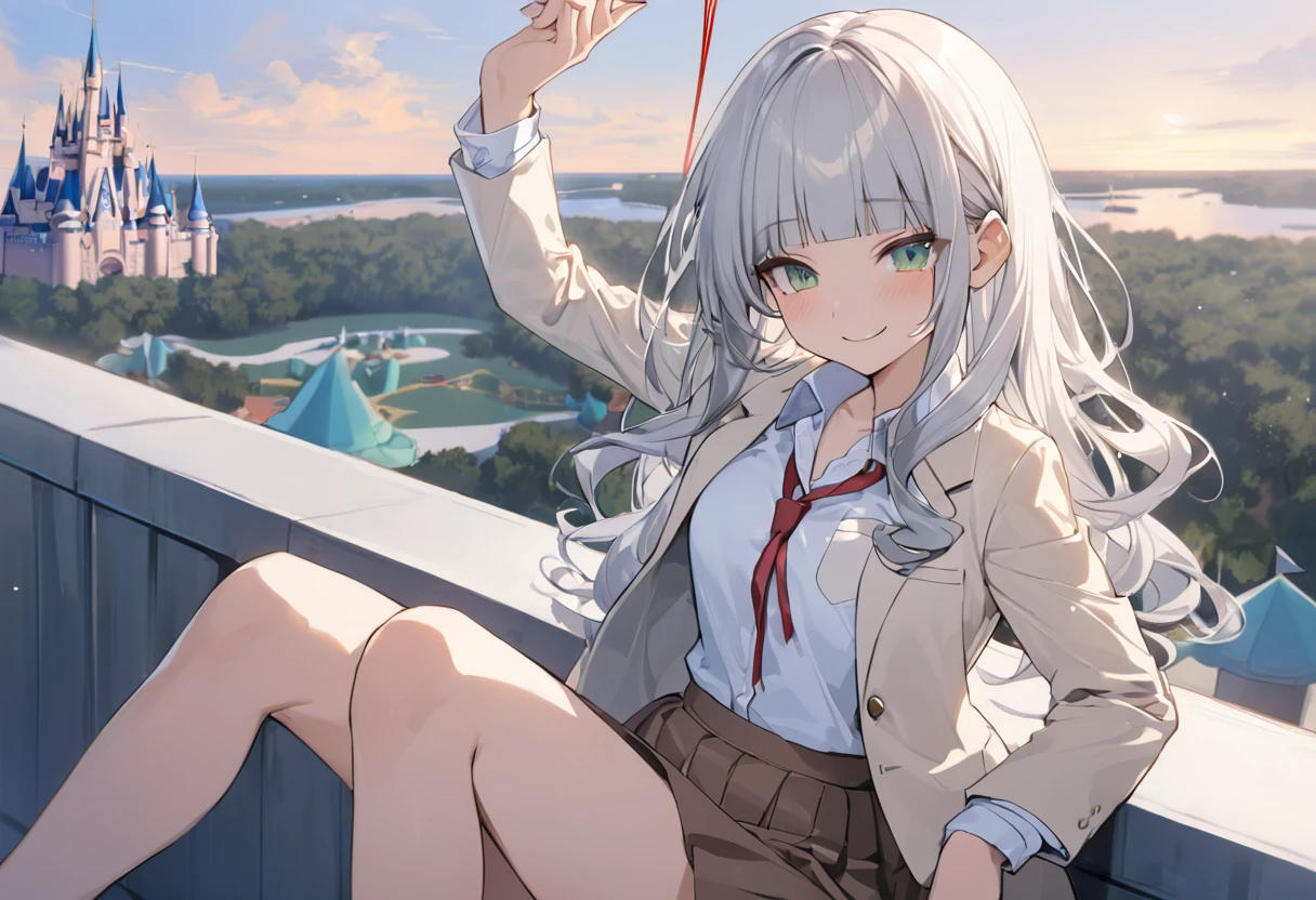 ((Masterpiece)), ((best quality)), (ultra-detailed), ((kawaii)), ((extremely detailed)), 4K, (8K), (super detail:1.2),(High Definition:1.3), (Professional Photography:1.2), (very aesthetic:1.2), (absurdres:1.2), (wide shot), cinematic lighting, (sharp focus), (perfect light), ((1girl)), ((12 years old)), (medium breast), (Healthy slim body), 8K, Textured skin, cinematic lighting, (1girl), short stature, ((cute teenage young girl)), (loose blunt bangs), slightly loose curls hair, (breasts length hair), pale silver hair, ((naughty smile)), (cute green eyes), drooping eyes, slender waist, ((pale Ivory blazer of school uniform)), BREAK, ((best quality)), (very aesthetic:1.2), (absurdres:1.2), (super detail:1.2), (white blouse), put on red string ribbon, (brown skirt),arm up, ((perfect hand)), (Relaxed sitting on the rooftop), (the Disney Resort), Cinderella Castle spreading out below, Beautiful Horizon Background,