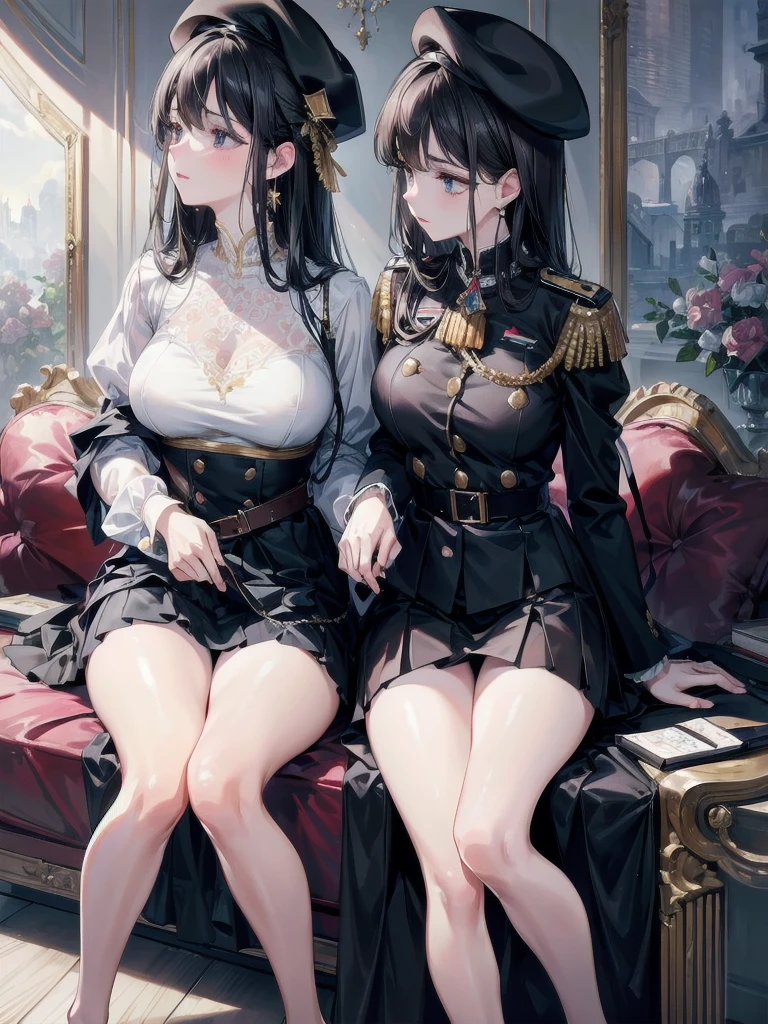absurdres, RAW photo, extremely delicate and beautiful, masterpiece, Best Quality, ultra high resolution, 32k, hyperrealistic, ultra-detailed, delicate facial features, beautiful detailed woman, tearful mole, earring, medium breasts, full body shot, medium hair, black hair, 2 girls, yuri, beret, skirt, military uniform,