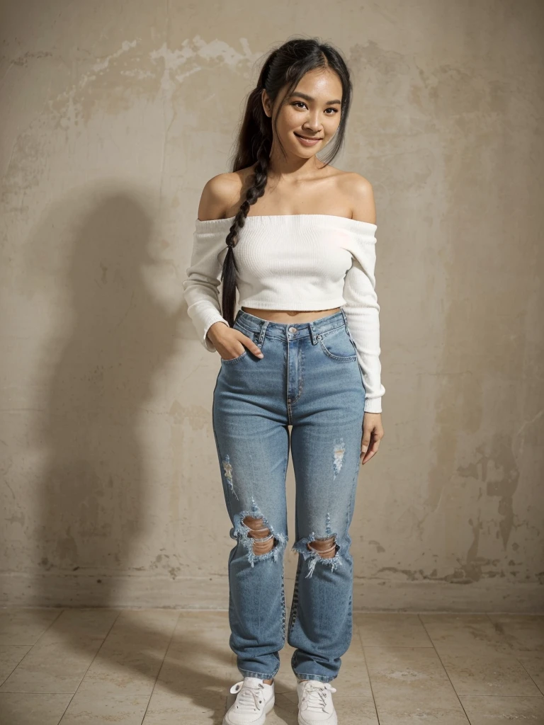 90 degree wide angle photo.Thai woman with long Half up half down hair, 45 years old, beautiful smile, (black.Off shoulder Sleeve. It has letters that say People, no one..and is wearing Distressed jeans)Wear white sports shoes. Standing still and still.Act like standing and waiting for a Place your hands at your sides.