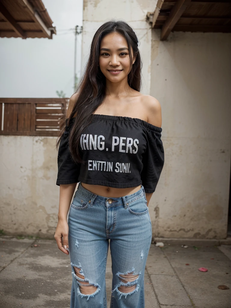 90 degree wide angle photo.Thai woman with long Half up half down hair, 45 years old, beautiful smile, (black.Off shoulder Sleeve. It has letters that say People, no one..and is wearing Distressed jeans)Wear white sports shoes. Standing still and still.Act like standing and waiting for a Place your hands at your sides.