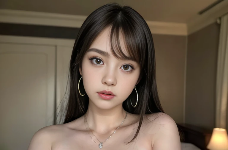 (1 girl:1.3), Alone, (very detailed face) full body masterpiece, Ultra realistic, 16K, gothic, Dreamy atmosphere, r3b3cc4 young, Sensual (Erotic), 1 girl (cute young) alone, delicate (seductive) female face, silky realistic hair, hair fringe, looking at viewer, (hentai) Sakuragi Otome (otome dori), black hair, goth makeup, simple unfocused background, bedroom background, jewelry, earrings, necklace, young beauty, portrait, hoop earrings, realistic, soft lighting, slender hot body , photorealistic, detailed clear eyes, extremely erotic, delicate feminine, muscular female body, large natural breasts, belly hot, narrow waist, proportionally big hips, thick legs, beautiful, nude (porn), different sensual positions, raw, analog, sharp focus, 8K, high definition, dslr, high quality, Fujifilm XT3, Film grain, award winning, highly detailed skin artwork, realistic skin details, visible pores, clear focus, volumetric fog, 8k hd, dslr, high quality, Film grain, light skin, photographic realism , lomography 