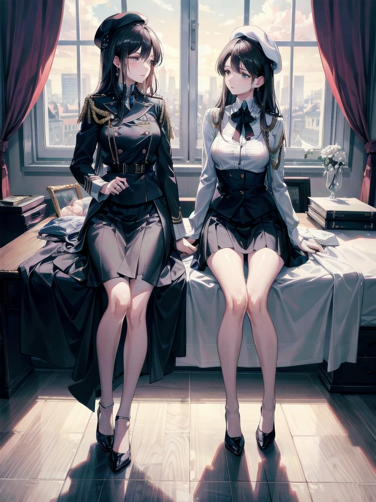 absurdres, RAW photo, extremely delicate and beautiful, masterpiece, Best Quality, ultra high resolution, 32k, hyperrealistic, ultra-detailed, delicate facial features, beautiful detailed woman, tearful mole, earring, medium breasts, full body shot, medium hair, black hair, 2 girls, yuri, beret, skirt, military uniform,