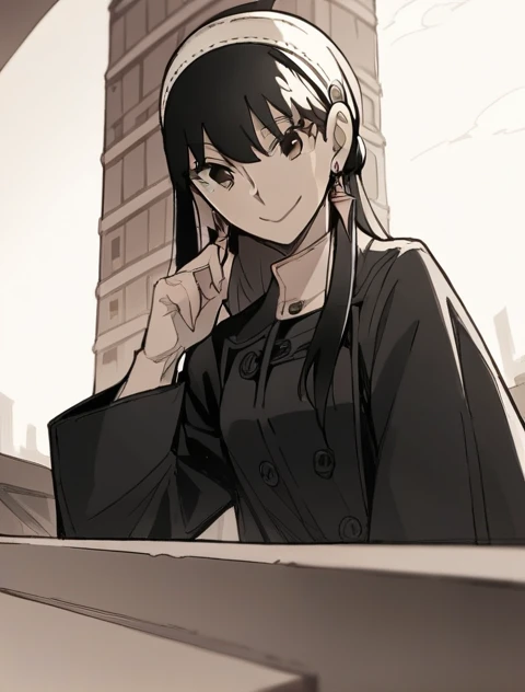 score_9, score_8_up, score_7_up, source_anime,
yorbriar, yor briar, black hair, earrings, white hairband, hairband, long hair, sidelocks, monochrome, greyscale,
coat, trench coat,
outdoors, cityscape, smile,
looking at viewer, cowboy shot, dutch angle, solo,