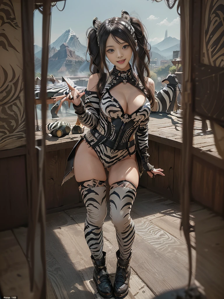 (Full Body View:1.3)、(Full body:1.2)、(Smiling with teeth showing:1.3),(Shibuya Gal:1.5)、(Gothic ta style fashion:1.5)、(Punk RockVisual Kei:1.5)、(Wearing a rhythmic gymnastics bodysuit with intricate details:1.4)、(Racing suit and shorts in beige, denim and charcoal with intricate details:1.5)、(Denim and black and brown long boots:1.3)、(Denim and beige knee socks:1.3)、((belt))、(Numerous delicate logo marks all over the costume:1.4)、(collar:1.3)、(Zebra pattern underwear:1.5)、20-year-old、NSFW、((Highest quality、In 8K、masterpiece:1.3))、Sharp focus:1.2、(Layered Cut、Huge boobs:1.1),Beautiful woman with perfect figure:1.4、(do a gravure pose:1.3)、Slender Abs:1.2、Highly detailed face and skin texture、Detailed eyes、double eyelid,(Twin tails:1.3)、(Black brown hair:1.3)、Gravure idol、(The background is a vast mountain々Beautiful European tourist destinations:1.3)、(Slim body:1.3),(Make your legs thinner:1.4),(clavicle:1.1)