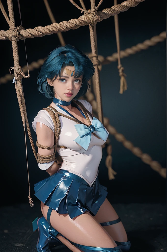 Put your arms behind your back, ((腕をTied up, inhibition, (((rope))), Tied up)), Sleepy face, Highest quality,masterpiece,Ultra-high resolution, Very detailed, 8K,(Beautiful woman),One person,40 years old, ((Sailor Mercury)), ((Blue sailor collar, Very tight and shiny uniform, length white latex gloves,Beautiful female hand in white latex gloves,Shiny Blue Latex Knee High Boots, Stiletto heels,Blue choker、Blue gloves on elbows, shiny blue skirt, Gold tiara on forehead,Earrings,Fine Gold Jewelry)), (Facial details, Bright Blue Eyes, Beautiful Face, Beautiful Eyes, Shining Eyes, thin lips, thin, sharp, thin眉毛, length, Black eyelashes, length and thick lower eyelashes, double eyelid, Fluffy blue hair), skinny, Large Breasts, Perfect proportions, Tight waist, Pores are visible, Beautiful, shiny dark blue hair, Perfect hands, Close fitting high gloss holographic leather,Octane Rendering