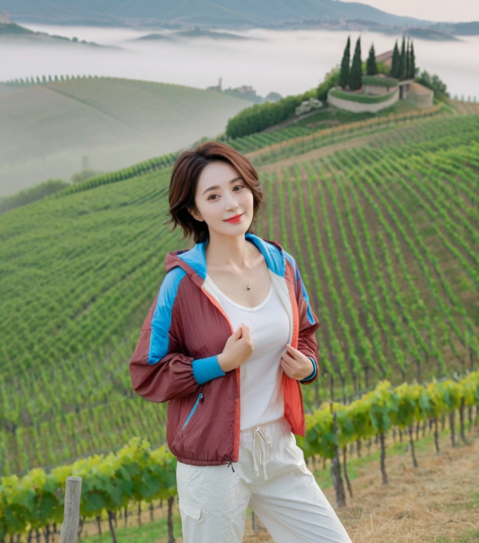 8k best picture quality, Beautiful 36-year-old Korean woman, You have good skin and big and pretty eyes.. Chest size 34 inches, italian countryside, past the vineyard, The cathedral can be seen in the distance in thick fog.., The back background is realistic and vivid quality., Short and medium hair blowing in the wind, Wearing a luxury windbreaker over a t-shirt. beige casual pants, I'm smiling. Standing on a hill overlooking a misty vineyard. the background is clear, Short and slim Korean woman, stand far away, Photo taken with a wide-angle lens, One woman with big and pretty eyes, eyes are round and big