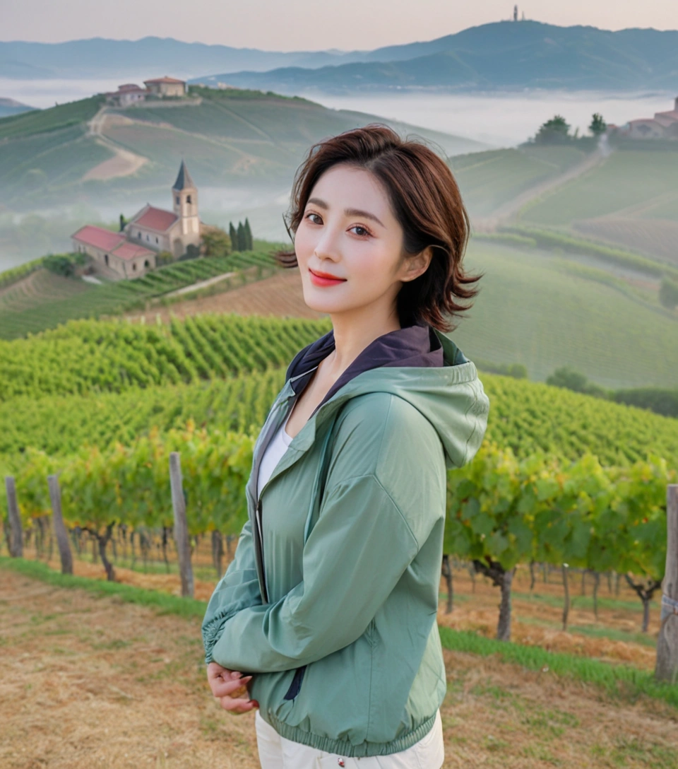 8k best picture quality, Beautiful 36-year-old Korean woman, You have good skin and big and pretty eyes.. Chest size 34 inches, italian countryside, past the vineyard, The cathedral can be seen in the distance in thick fog.., The back background is realistic and vivid quality., Short and medium hair blowing in the wind, Wearing a luxury windbreaker over a t-shirt. beige casual pants, I'm smiling. Standing on a hill overlooking a misty vineyard. the background is clear, Short and slim Korean woman, stand far away, Photo taken with a wide-angle lens, One woman with big and pretty eyes, eyes are round and big