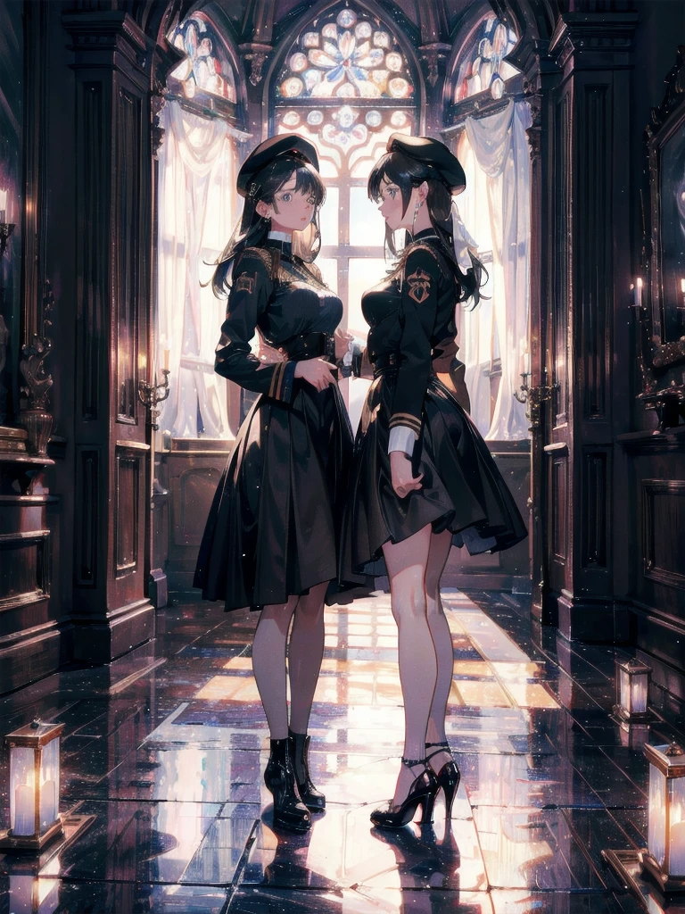 absurdres, RAW photo, extremely delicate and beautiful, masterpiece, Best Quality, ultra high resolution, 32k, hyperrealistic, ultra-detailed, delicate facial features, beautiful detailed woman, tearful mole, earring, medium breasts, full body shot, medium hair, black hair, 2 girls, yuri, beret, skirt, military uniform,