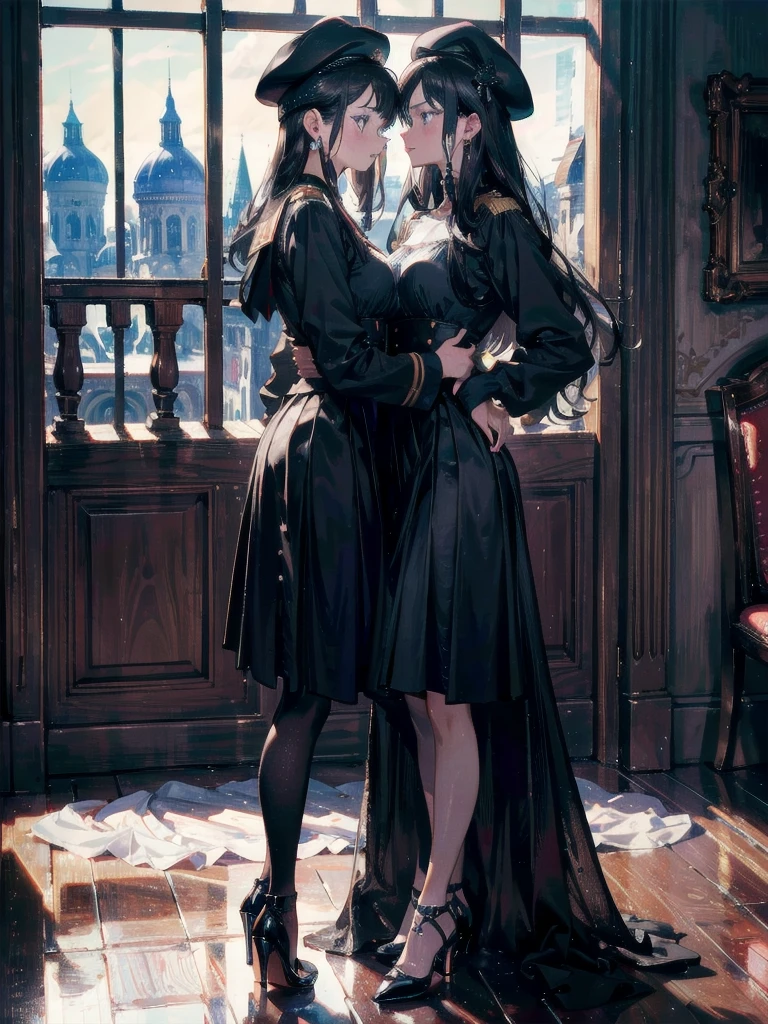 absurdres, RAW photo, extremely delicate and beautiful, masterpiece, Best Quality, ultra high resolution, 32k, hyperrealistic, ultra-detailed, delicate facial features, beautiful detailed woman, tearful mole, earring, medium breasts, full body shot, medium hair, black hair, 2 girls, yuri, beret, skirt, military uniform,