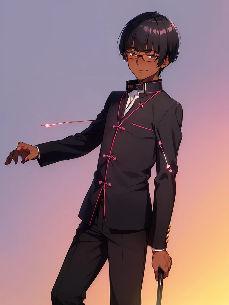 (1 boy solo:1.4),(dark skin:1.5) ,20 years old, (black hair:1.3), (glasses:1.4), , (straight hair:1.5), (evil smile:1.2) ,long sidelocks, (blush:1.3),(japanese boys school uniform gakuran,Stand-up collar,pants:1.5),(very short pixie cut:1.4),(blunt bangs:1.4), (greaming skin:1.3)