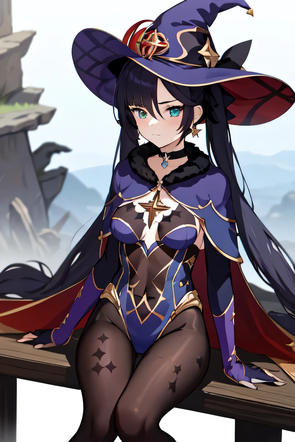 masterpiece, best quality, 1girl, mona (genshin impact), solo, hat, witch hat, twintails, breasts, leotard, gloves, sitting, looking at viewer, pantyhose, long hair, black hair, black gloves, cape, star (symbol), hair ornament, choker, outdoors, fur collar, blue leotard, closed mouth, earrings, bangs, jewelry, black pantyhose, small breasts, bodystocking, purple headwear, blush, covered navel, medium breasts, thighlet, fur trim, blue headwear, long sleeves, detached sleeves, knees together feet apart, aqua eyes, star earrings, green eyes, feet out of frame, blurry, hat ornament, gold trim, purple hair, elbow gloves, star choker, black choker, ribbon, blurry background, hair ribbon, star hair ornament, brown pantyhose, grass, hair between eyes,kbxll