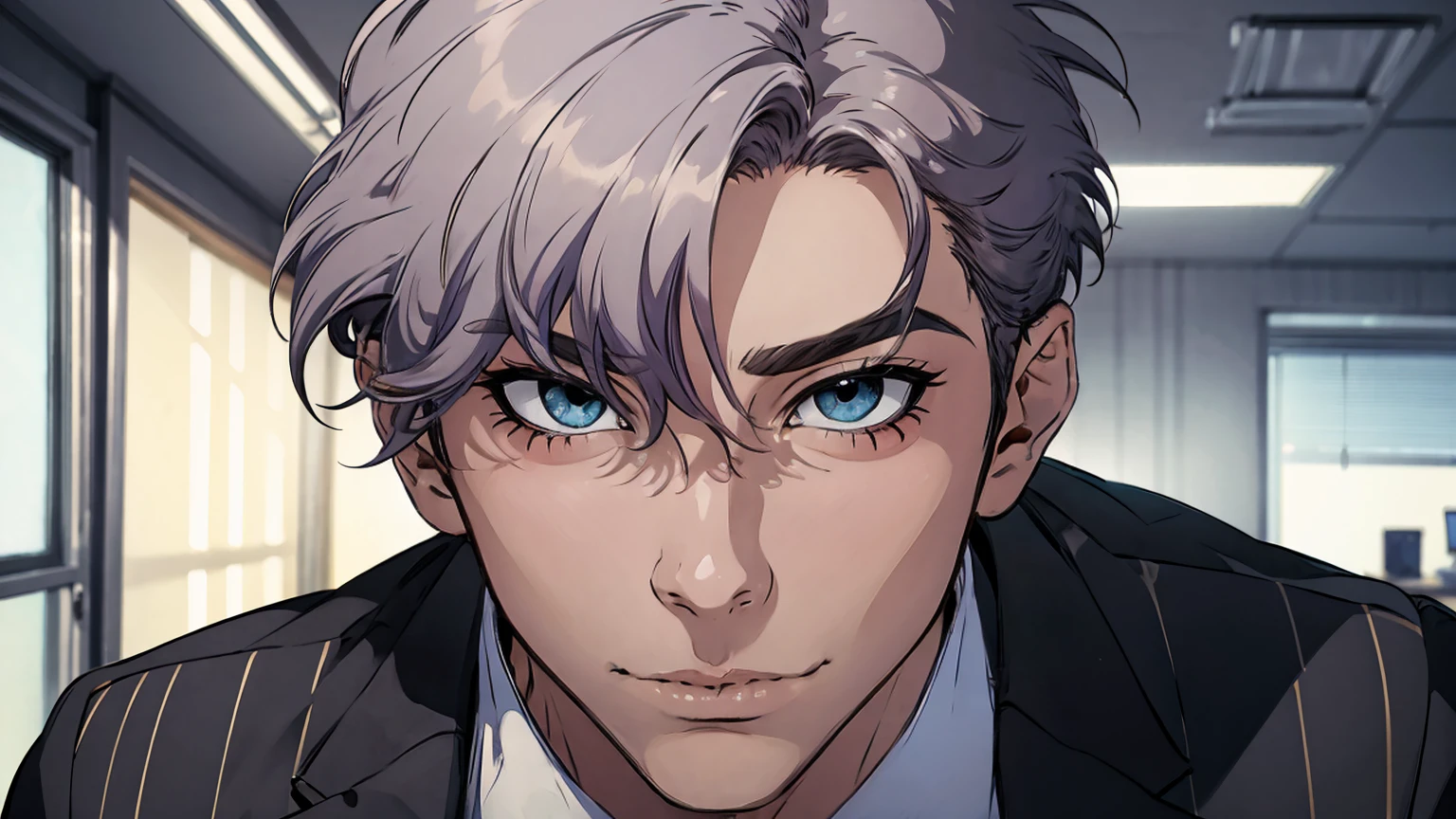 (best quality,4k,8k,highres,masterpiece:1.2),ultra-detailed,(realistic,photorealistic,photo-realistic:1.37),1 man,31 years old,mature man,very handsome,without expression,smile,short grey purple hair,blue eyes,penetrating gaze,perfect face without errors,imposing posture,businessman,office background,cinematic lighting,hdr image