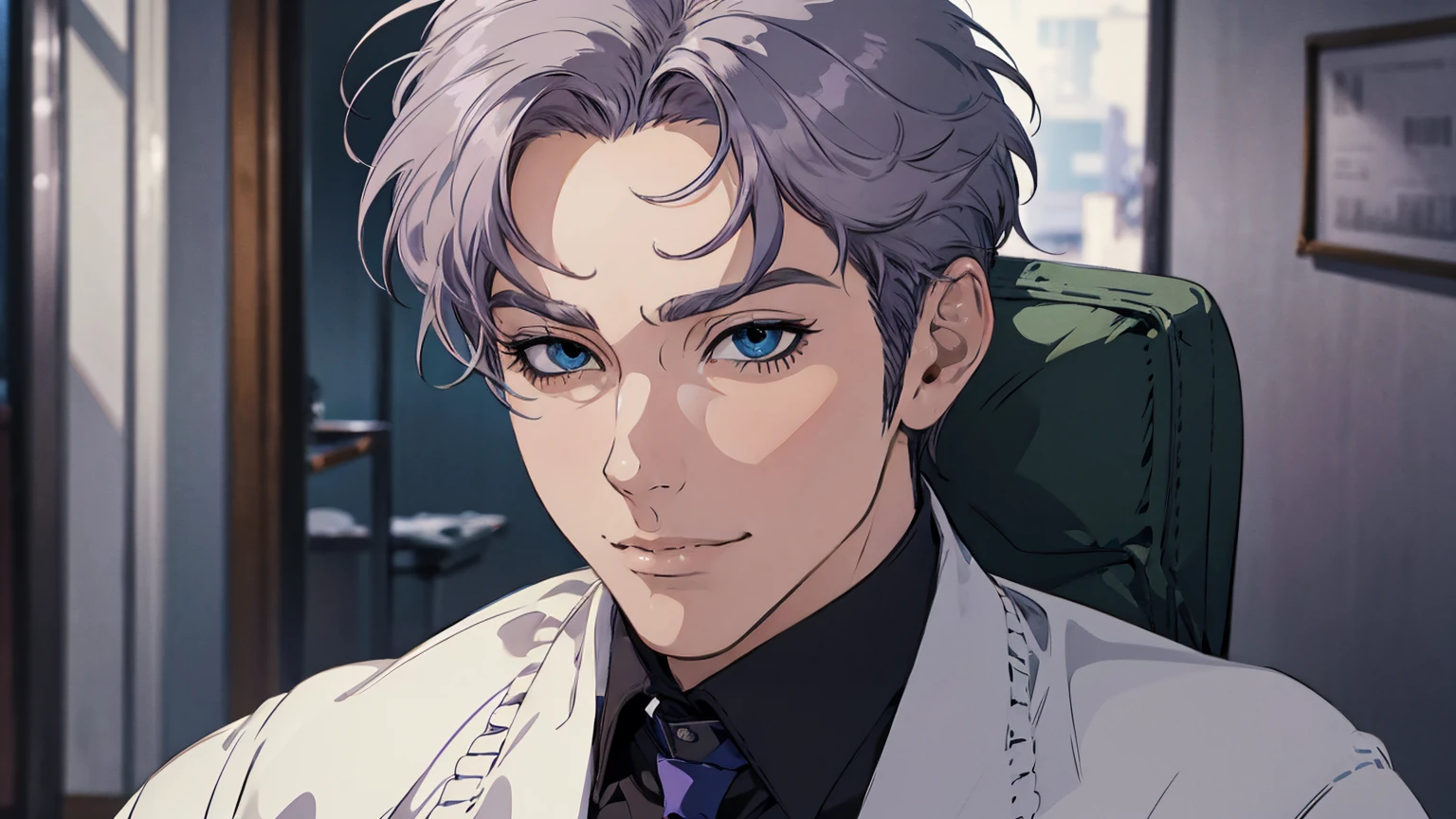 (best quality,4k,8k,highres,masterpiece:1.2),ultra-detailed,(realistic,photorealistic,photo-realistic:1.37),1 man,31 years old,mature man,very handsome,without expression,smile,short grey purple hair,blue eyes,penetrating gaze,perfect face without errors,imposing posture,businessman,office background,cinematic lighting,hdr image