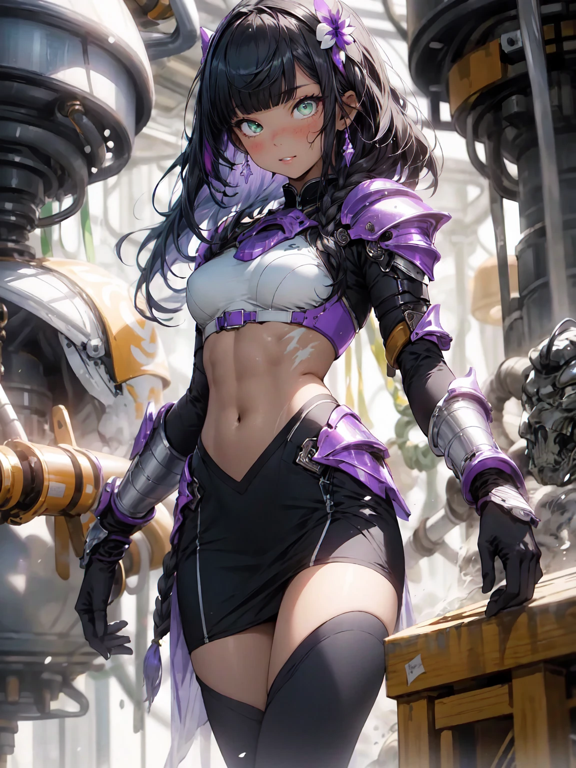 Generate Mecha Girl images, Express surprise and emotion, Wearing tight-fitting mechanical armor, Her hair is short, Blue Silver Bob, Her eyes are glowing green. She is reaching for the camera, Slime that extends to the wrist. The background is an underground cave where slime lives. blazing, Bioluminescent plants illuminate the scene, Glossy highlights, The sticky texture of the slime and the metallic finish of her armor. Despite the invasion of slime, She looks lively and playful, Her mechanical parts run fluidly despite slime adhesion. Details of her suit, Like exposed wires and glowing power cores, Can be seen through transparent slime, Add a little riskiness to your images. Slime-covered armor and glowing plants reflected on the walls of the cave、Captivating, Otherworldly atmosphere