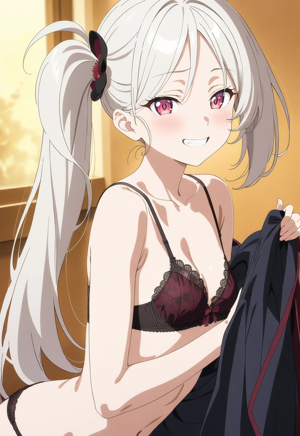 best quality, amazing quality, very aesthetic, absurdres, (1girl, mutsuki, blue archive, solo, red eyes, white hair, side ponytail), (realistic face:0.9),(lace-trimmed bra:1.8),dress lift, (grin, blush, thigh:1.3), (cowboy shot), (glistening eyes), (from side:2), (official art:1.3), (panties around one leg), expressive eyes, perfect face, extremely detailed eyes, perfect anatomy, smooth skin, (anime background:1.5), clear eyes, beautiful face, small breasts,(anime style:1.7), (Warm Light:1.5), (highres:2),