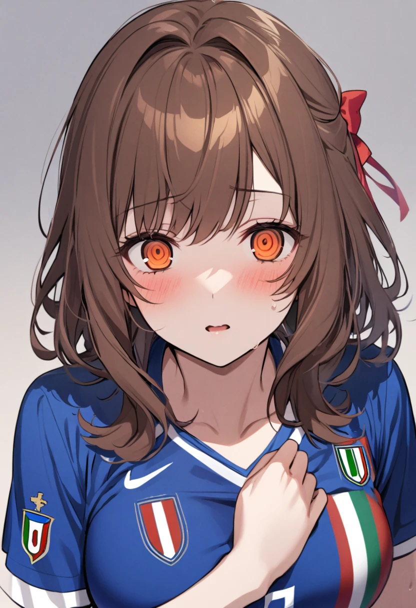 girl, beautiful, brown hair, orange eyes, breasts, italy soccer shirt, blue shirt, red bow on hair, yandere, medium hair