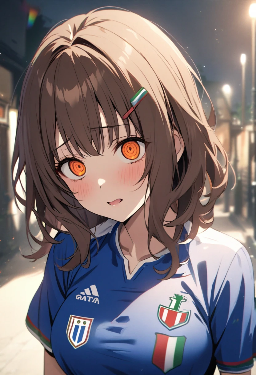 girl, beautiful, brown hair, orange eyes, breasts, italy soccer shirt, blue shirt, red bow on hair, yandere, medium hair