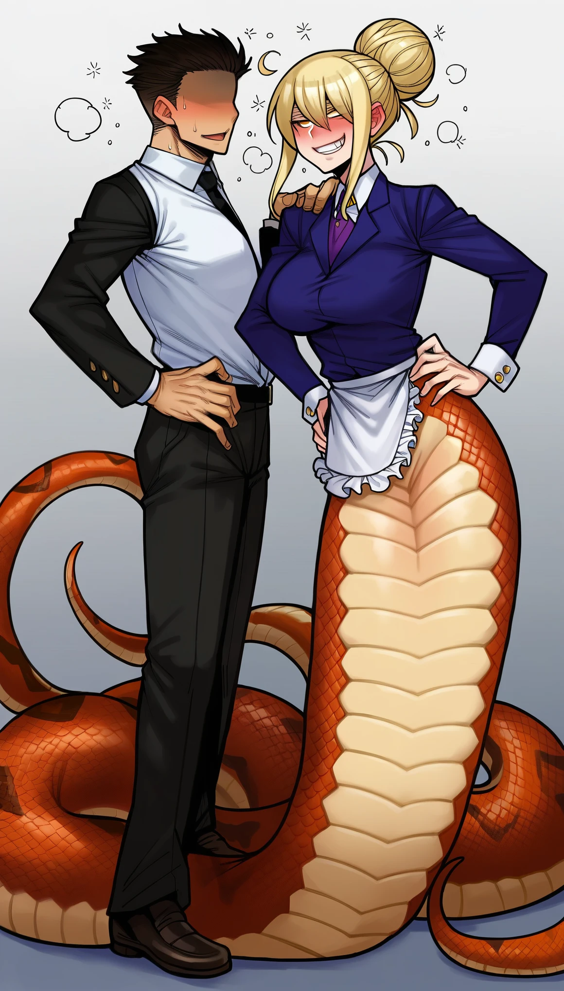 score_9_up, ((adult)), (lamia:1.2), (2others, separate screen), (female, skin scales, snake skin scales), (Disheveled long length bun hairstyle), (Disheveled sport croptop, apron), (show snake tail), (hands on hips, her menacing face expression),
(man, no face, disheveled business suit, drunk), scene background