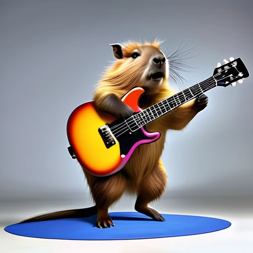 (best quality,4k,highres,masterpiece:1.2),ultra-detailed,(realistic,photorealistic,photo-realistic:1.37),parody,capybara,crazy punk rock capybara,capybara with electric guitar,punk rock style, Cherokee hairstyle,colorful fur,jumping from scene