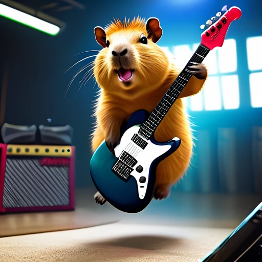 (best quality,4k,highres,masterpiece:1.2),ultra-detailed,(realistic,photorealistic,photo-realistic:1.37),parody,capybara,crazy punk rock capybara,capybara with electric guitar,punk rock style, Cherokee hairstyle,colorful fur,jumping from scene